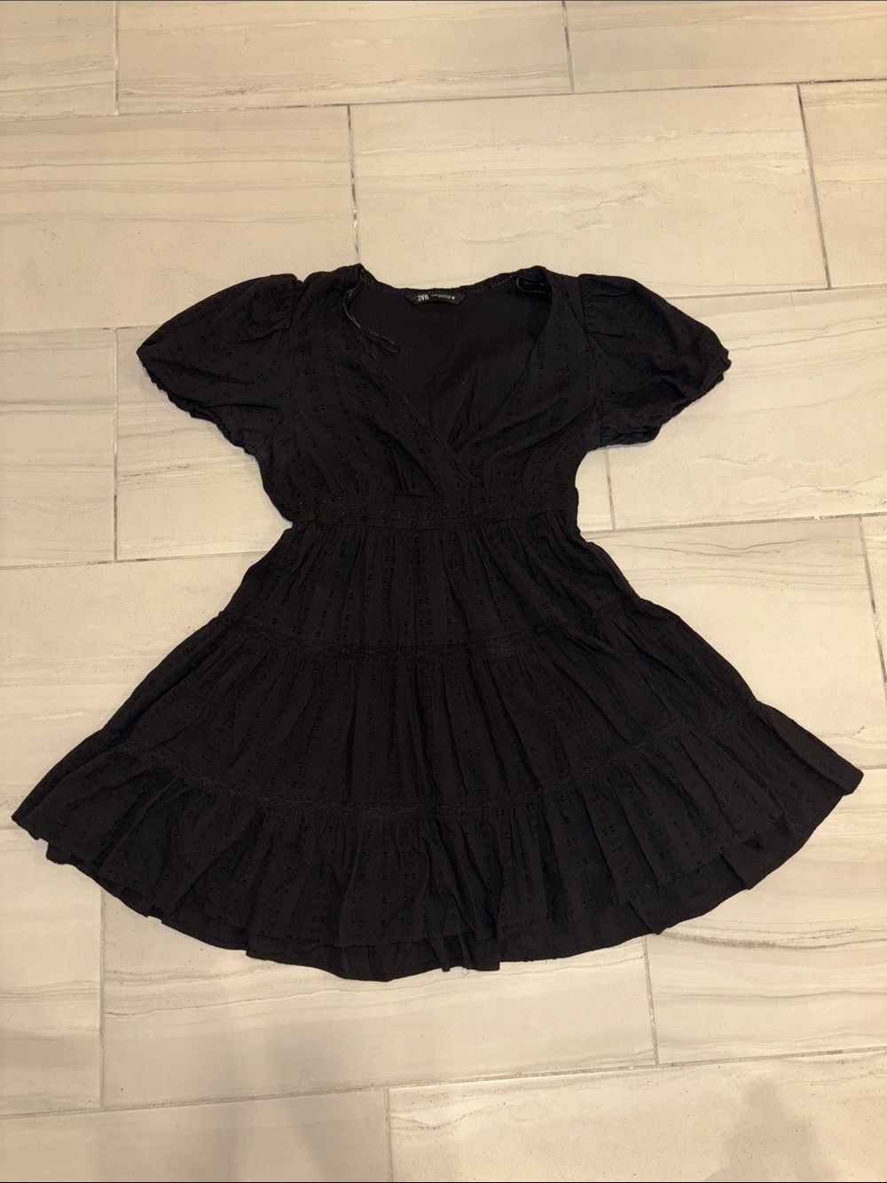 Zara V-Neck Tiered Black Mini Dress
